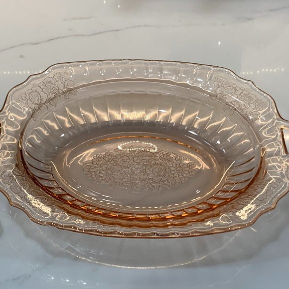 Charmed Pink Art Deco Depression Glass Bowl with Handles - Picture 3 of 16